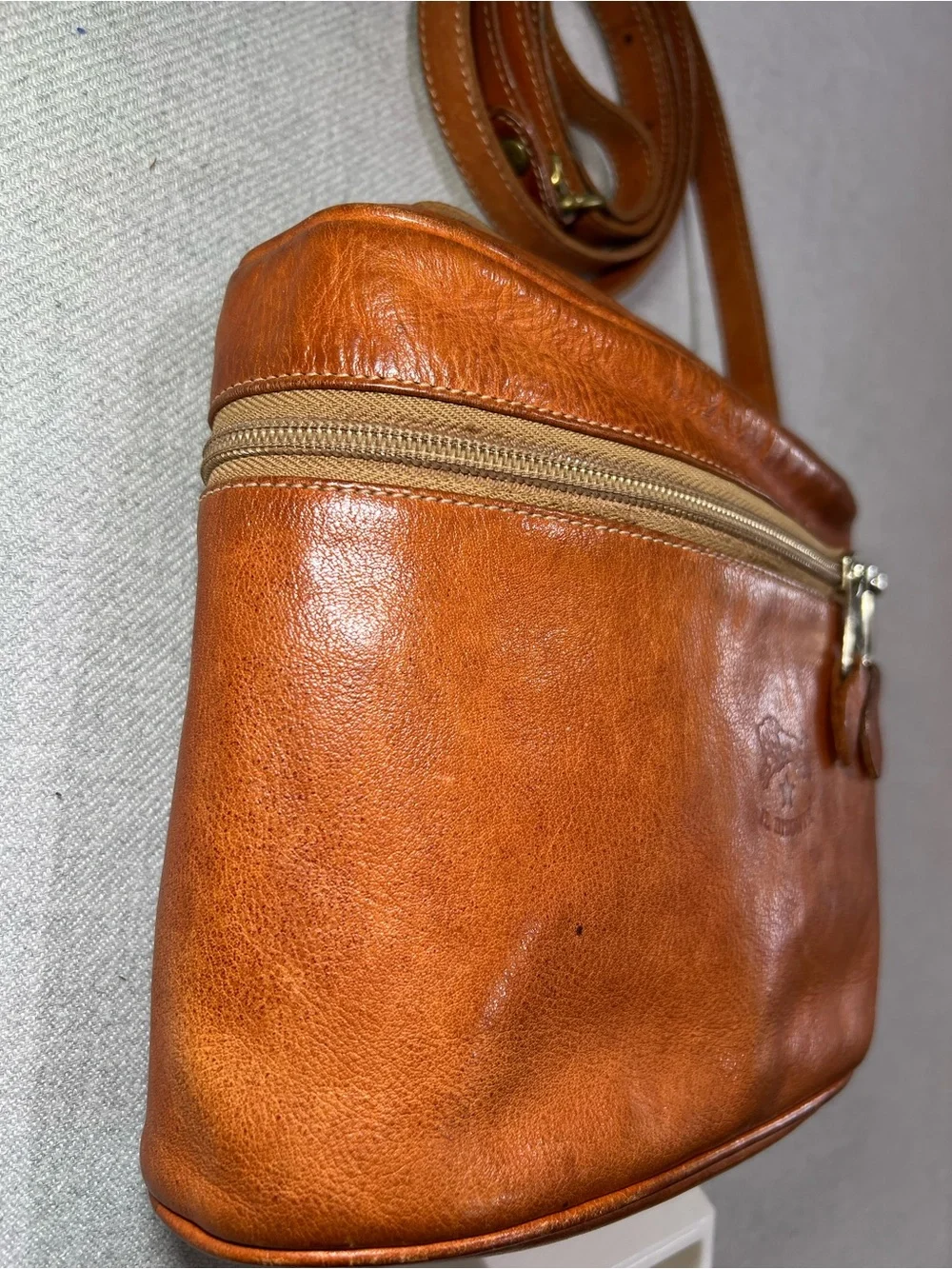 Vtg IL BISONTE Tan Leather Crossbody / Satchel Shoulder Bag Italy